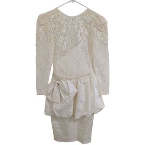 VTG NIKI by Niki Livas Ivory Lace & Satin Bubble Peplum Dress U.S.A. Women's 8
